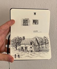 a hand holding up a drawing of a small house with two windows and one door