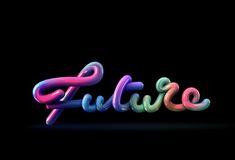 the word future written in 3d letters on a black background with neon colors and swirls