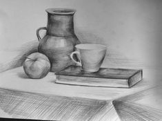 a pencil drawing of two cups and a book with an apple on the table next to it