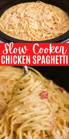 slow cooker chicken spaghetti in the crock pot with text overlay that reads slow cooker chicken spaghetti