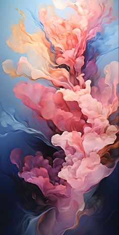 an abstract painting with pink and blue colors