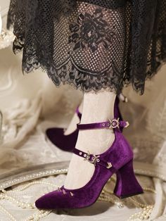 Witch Shoes Aesthetic, Luxury Silver Platform Heels, Luxury Mary Jane Heels With Pointed Toe, Luxury Pointed Toe Mary Janes, Dollskill Shoes Tragic Beautiful, Purple Doll Skill Heels, Goth Glam Shoes, Fairy Shoes Purple, Purple And Black Wedding Shoes