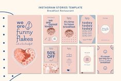 instagram stories templates for breakfast restaurants with pink and blue designs on the front