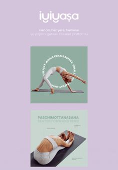 three different yoga poses with the words iyiyasa written in white on them