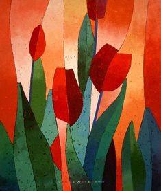 an abstract painting of red flowers and green leaves