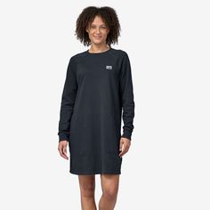 This easy, long-sleeved dress is made of 100% Regenerative Organic Certified® cotton French terry for casual, everyday wear. | Patagonia Women's Regenerative Organic Certified® Cotton Essential Dress in Smolder Blue, XS - Outdoor Dresses Relaxed Fit Long Sleeve Sweatshirt Dress For Loungewear, Cotton Sweatshirt Dress For Loungewear In Fall, Long Sleeve Cotton Sweatshirt Dress For Loungewear, Cotton Sweatshirt Dress For Fall Loungewear, Relaxed Fit Crew Neck Sweatshirt Dress, Fall Cotton Sweatshirt Dress For Loungewear, Casual Relaxed Fit Sweatshirt Dress For Loungewear, Crew Neck Cotton Lounge Dresses, Cotton Relaxed Fit Sweatshirt Dress