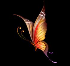 a colorful butterfly flying through the air on a black background