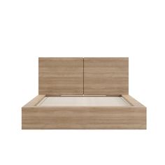 a bed with a wooden headboard and night stand on it's side, in front of a white background