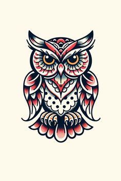 an owl with orange eyes and red wings