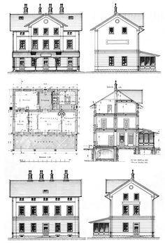 four different types of house plans and elevations for two story houses with porches