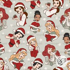 disney princesses in christmas hats and santa's helpers on grey background with stars