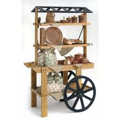 a wooden cart with pots and pans on it