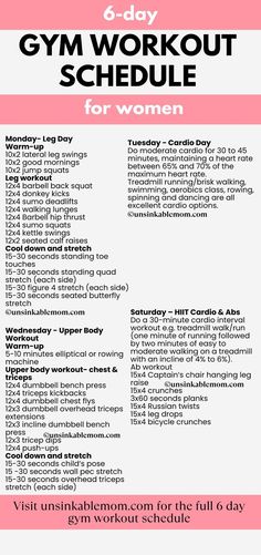 6 day gym workout schedule for women, Weekly gym workouts for women Gym Workout Schedule For Women, Workout Schedule For Women, Gym Workouts For Women, Gym Workout Schedule, Weekly Workout Routines, Aerobics Classes, Work Out Routines Gym