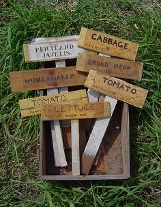 several wooden signs in a box on the grass