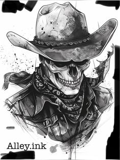 Tattoo design by Alley.ink on instagram. #tattoo #alleyink #skulltattoos Gothic Cowboy Tattoo, Cowboy Skull Tattoo Design, Davey Jones Tattoo, Skull With Hat Tattoo, Cowboy Tattoo Design, Graveyard Tattoo Design, Skull Cowboy Tattoo, Western Tattoos Ideas, Skeleton Cowboy Tattoo