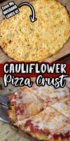 two different types of pizza with the words cauliflower pizza crust