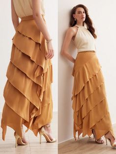 SOLID LAYERED HEM SKIRT Gold Casual   Woven Fabric Plain Asymmetrical,Layered/Tiered Non-Stretch  Women Clothing, size features are:Bust: ,Length: ,Sleeve Length: Tiered Skirt Pattern, Dinner Dress Classy, Woman Suit Fashion, Designer Dresses Casual, Fancy Dress Design, Fashionista Clothes, Looks Street Style, Stylish Dress Book, Indian Designer Outfits