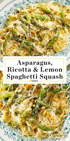 asparagus, ricotta and lemon spaghetti with pistachio sauce on a blue and white plate