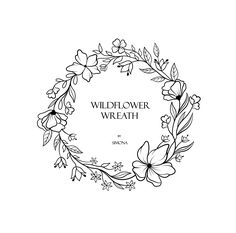 the wildflower wreath logo is shown in black and white, with flowers around it