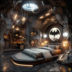 a futuristic bedroom with a batman bed in the middle and other decorations on the walls