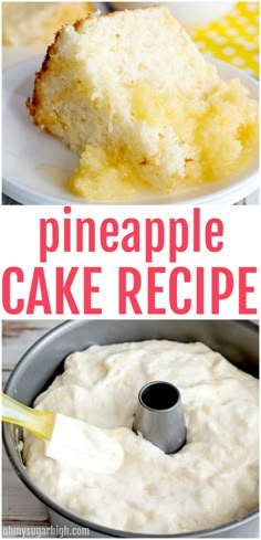 pineapple cake recipe with white frosting in a pan and on a plate next to it