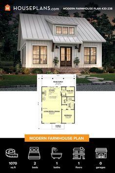 the modern farmhouse house plan is available in two sizes and includes 3 bedroom, 2 bathroom