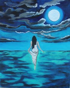 a painting of a woman floating in the ocean under a full moon and cloudy sky