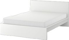 a white bed frame with no sheets on it and two drawers underneath the bed headboard