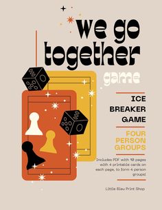 the poster for we go together game, featuring two dice pieces and an orange background