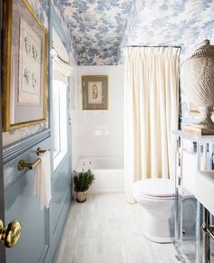 a white toilet sitting next to a bath tub under a painting on the wall in a bathroom