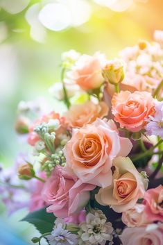 a bouquet of pink and white flowers with green leaves in the background on a sunny day