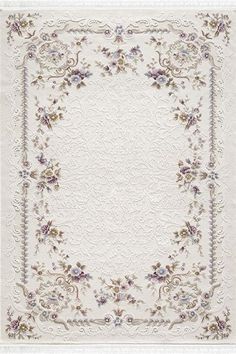 a white rug with purple flowers and vines on the border, in front of a white background