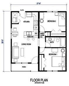 the floor plan for a two bedroom apartment with an attached kitchen and living room area