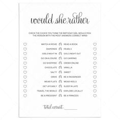 a printable wedding game with words and hearts on the front, which reads would she rather be married?