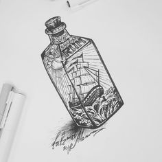 a drawing of a bottle with a ship in it sitting on top of a table