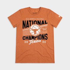 an orange t - shirt with the words national champs and a volleyball ball on it