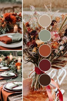 the table is set with orange and green plates, silverware, flowers and candles