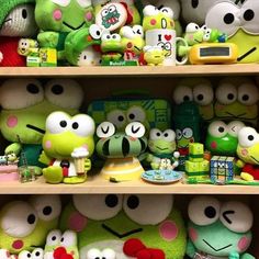 the shelves are filled with stuffed animals and other stuff items, including one green frog