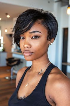 Feminine-looking long pixie cut for Black women. Pixie For Black Women, Pixie Black Women, Pixie Haircut Styles, Styling Wand, Curly Pixie Haircuts, Pixie Cut Styles