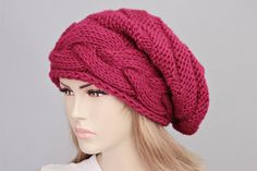 Big Sale -Beanie hat winter slouchy oversized  knit hat for woman in cherry -COLOR OPTION  AVAILABLE Casual Winter Beret, Slouchy Solid Color Knitted Beanie, Slouchy Knitted Solid Beanie, Slouchy Knitted Solid Color Hat, Slouchy Solid Knitted Hats, Solid Color Slouchy Knitted Hat, Warm Slouchy Casual Bonnet, Casual Warm Slouchy Bonnet, Casual One Size Beret