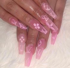 Pink Louis Vuitton Acrylic Nails Click here for full size. Justindrew Louis Vuitton Nails, Claw Nails, Her Nails, Jelly Nails, Nail Swag, Summer Acrylic Nails, Pink Nail, Pink Acrylic Nails, Dream Nails