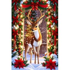 a deer standing in front of a christmas wreath with lights on it's sides