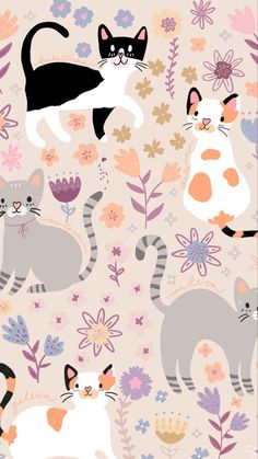 cats and flowers on a pink background with white, black, orange and grey colors