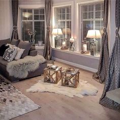 a living room filled with lots of furniture next to a window covered in furs