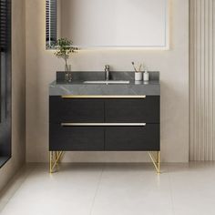 a bathroom with a sink, mirror and plant on the counter in front of it