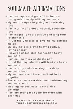 a poem with the words soulmate affirmations written in black and white on it