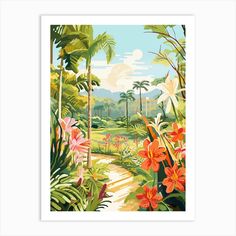 an image of a tropical scene with flowers and plants in the foreground, including palm trees