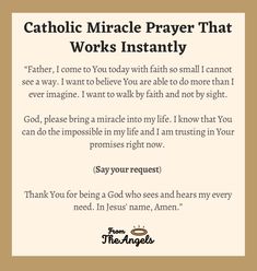 a prayer card with the words catholic miracle prayer that works instantly on white paper