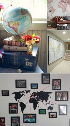 there are many different pictures on the wall and around the world in this collage