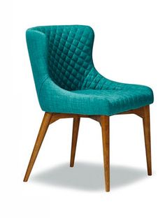 an upholstered chair with wooden legs and a teal green fabric seat cover